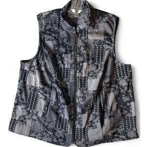 CJ Banks Black Gray Patchwork Floral Polka Dot Zip Vest Denim Y2K Women’s Sz 1X